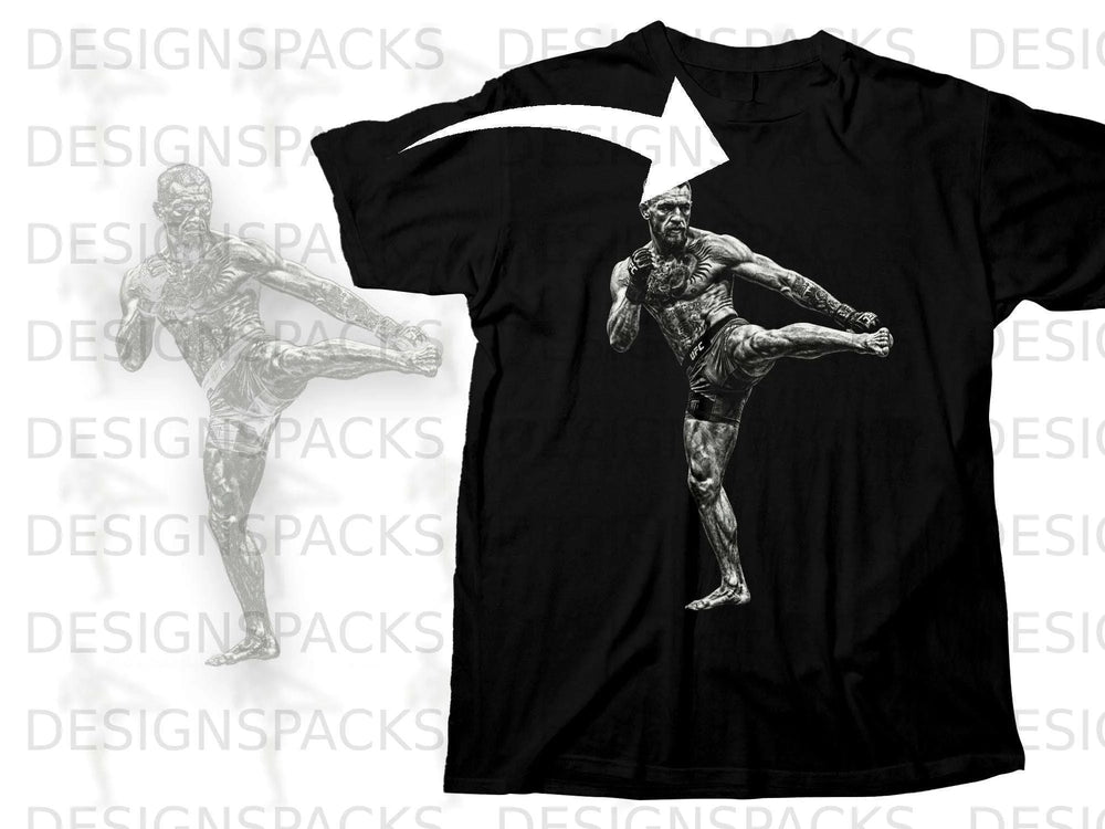 Black t-shirt with a black and white graphic of a fighter kicking.