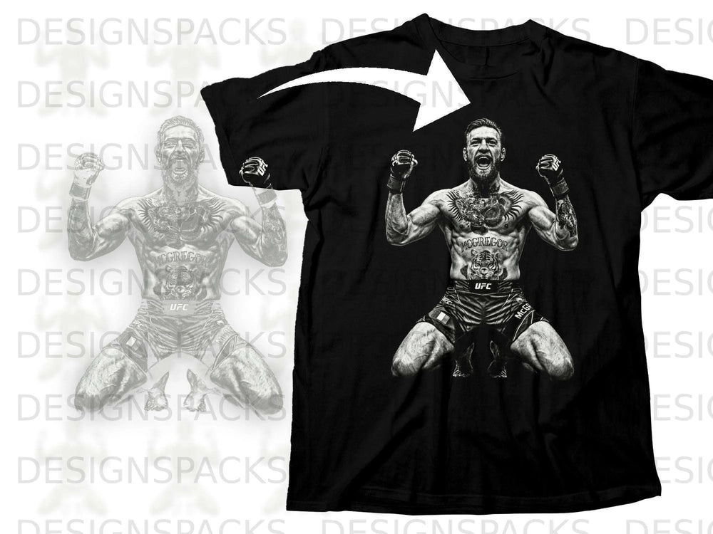 Black t-shirt featuring a printed image of Conor McGregor in fighting stance.