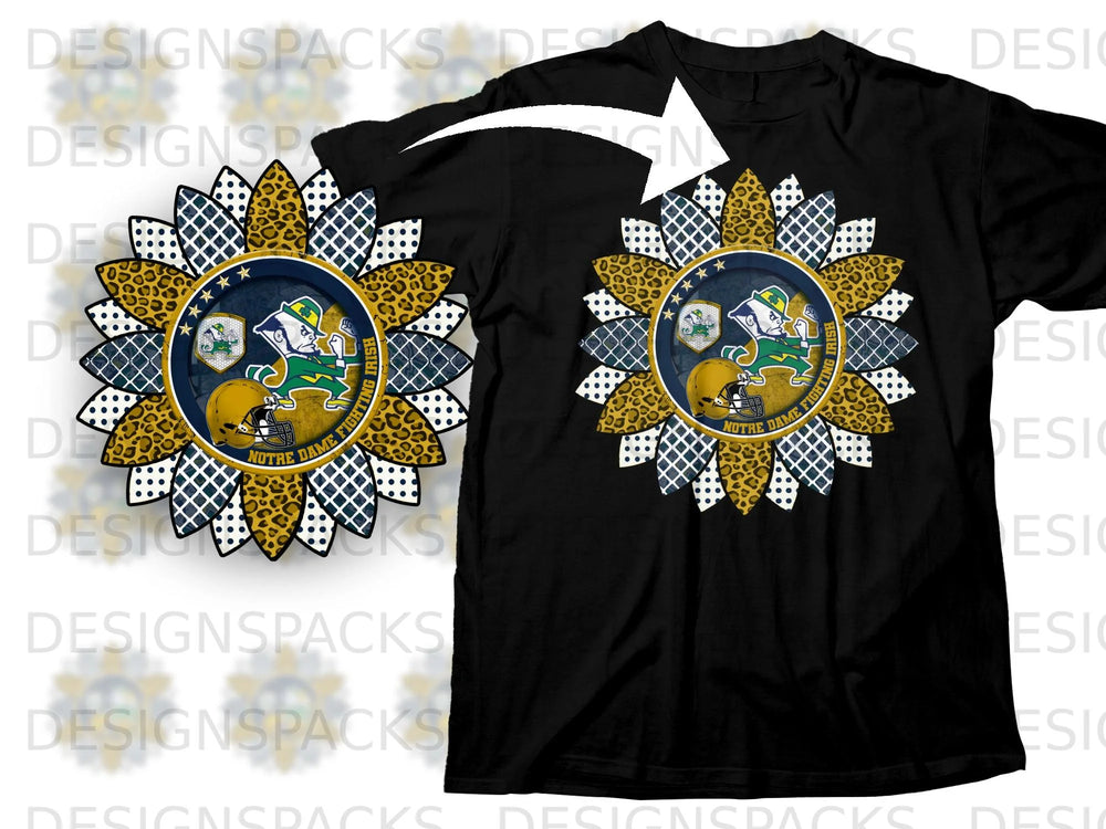 Notre Dame Fighting Irish mascot and helmet within a sunflower design.