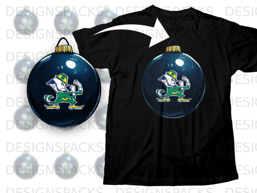Black t-shirt with a dark blue ornament featuring the Notre Dame leprechaun mascot.