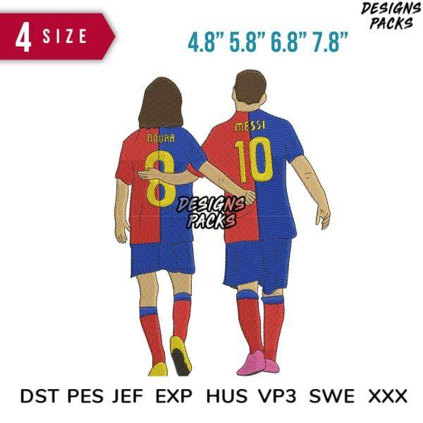 Embroidery design of soccer players in red and blue jerseys with names and numbers, available in multiple sizes and formats