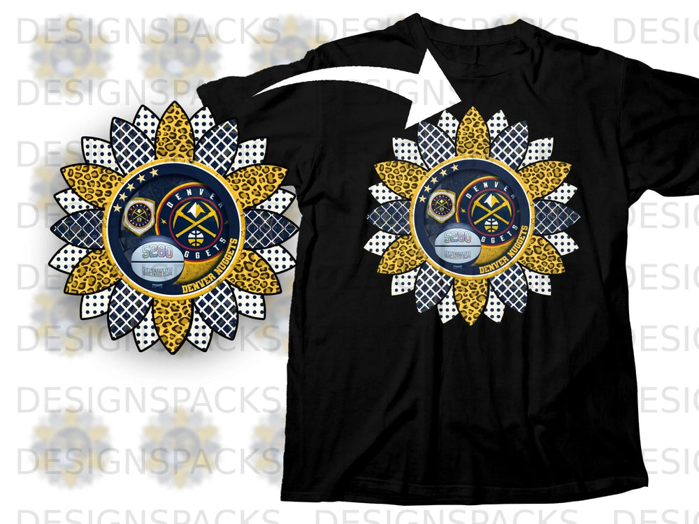 Black t-shirt with a sunflower design featuring the Denver Nuggets logo and "5280 Denver Nuggets".