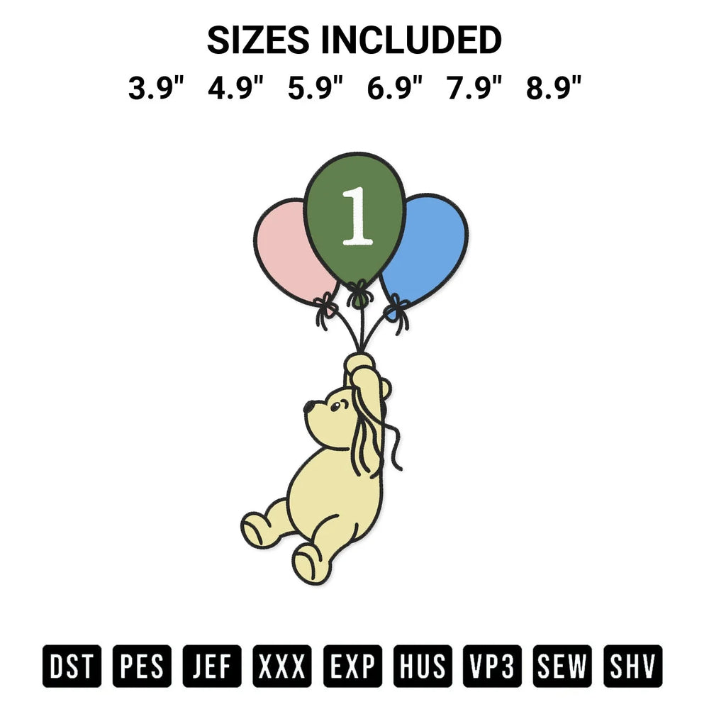 Number One Bear Balloon Embroidery Design