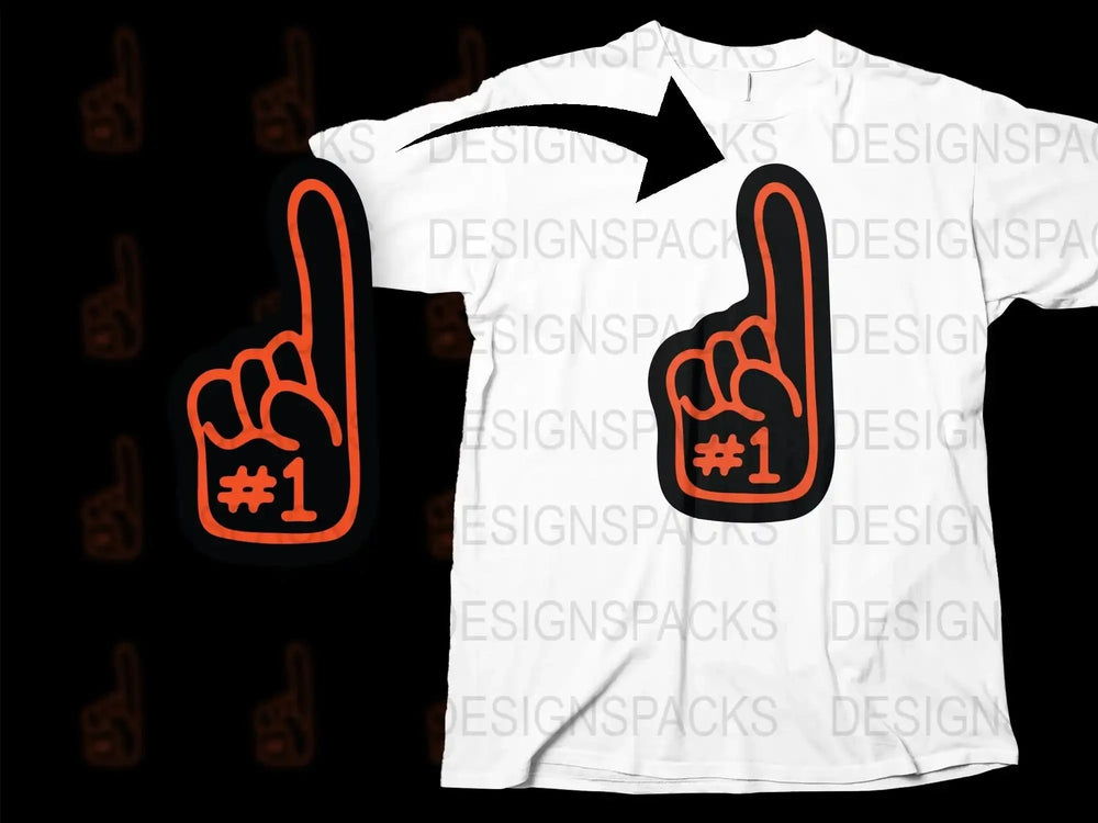 Number One Foam Finger T-Shirt, Sports Fan Tee, White and Orange, Unisex Adult Clothing, Casual Game Day Shirt