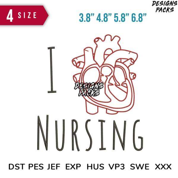 I Love Nursing anatomical heart embroidery design in 4 sizes, DST PES JEF formats for instant download