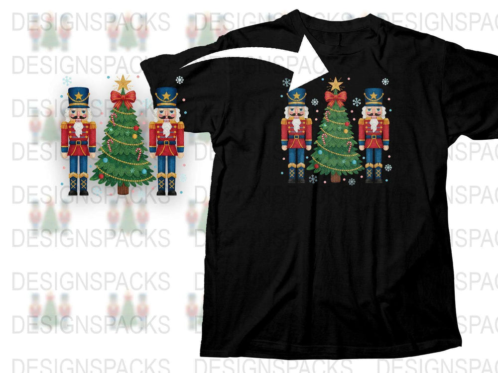Nutcracker Christmas Tree Holiday T-Shirt, Festive Winter Apparel, Unisex Black Tee with Colorful Design