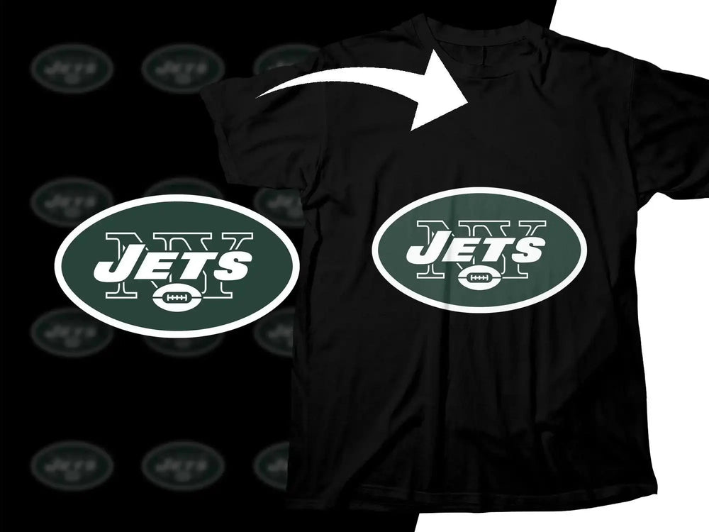 New York Jets logo design on black t-shirt, print-ready for DTF DTG embroidery