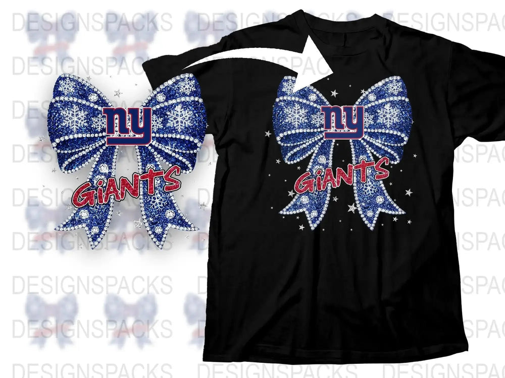 New York Giants Rhinestone Bow Cheer Shirt, Sparkly Football Fan T-Shirt, Women's Sports Team Apparel, Gift for Sports Fans