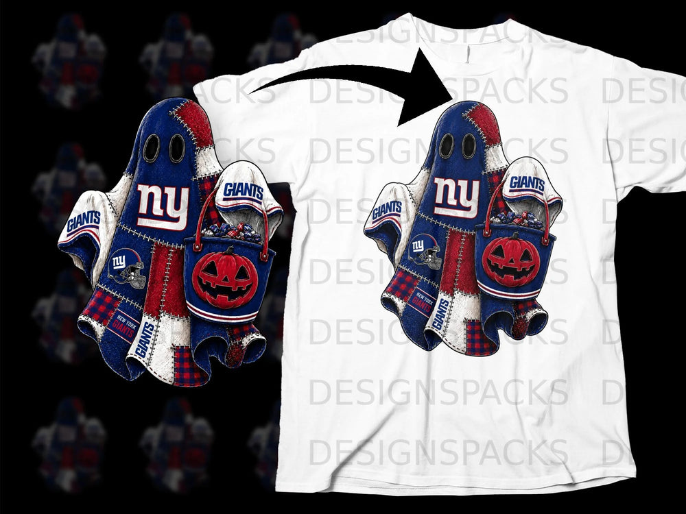 New York Giants ghost mascot holding a pumpkin bucket, stitched with team logos.