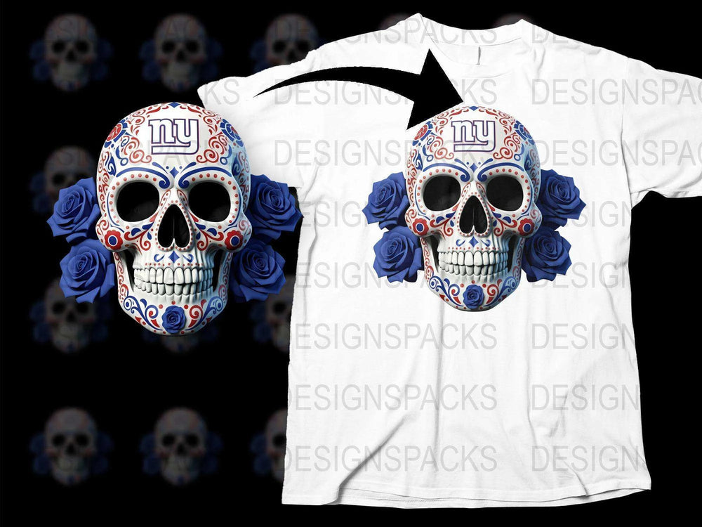 Day of the Dead Skull T-Shirt, Floral Sugar Skull Design, Unisex White Tee with Blue Roses