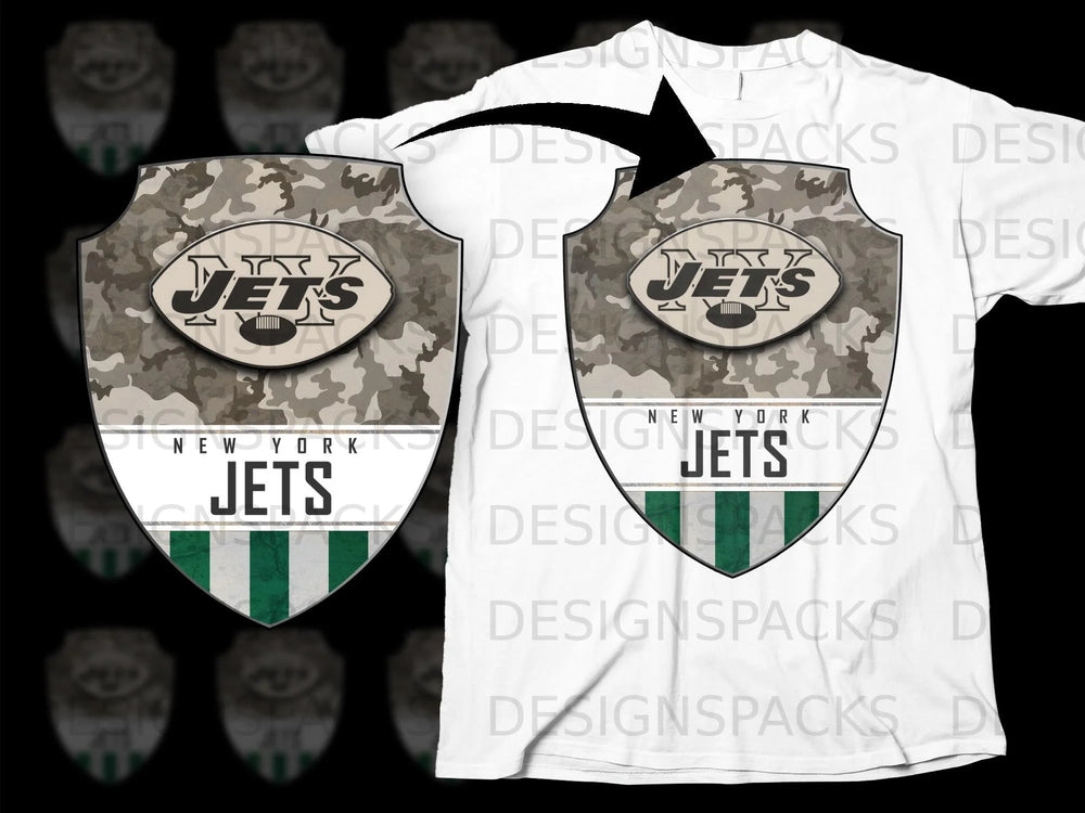New York Jets shield logo with camouflage and green stripes on a white t-shirt.