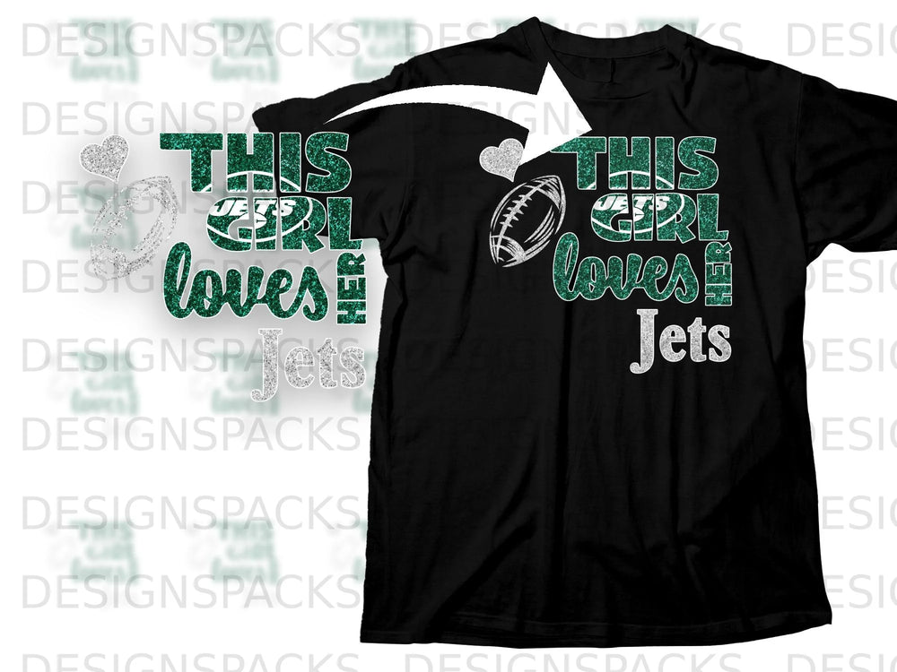 Black t-shirt with "This Girl Loves Her Jets" text and football graphic.