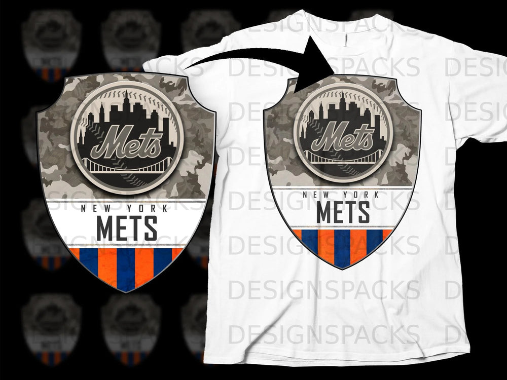 New York Mets shield logo with camouflage and orange and blue stripes.