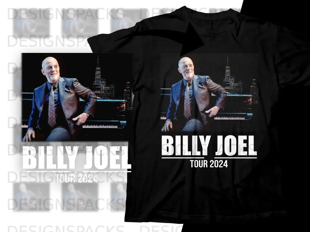 Billy Joel with "BILLY JOEL TOUR 2024" text on a black t-shirt.