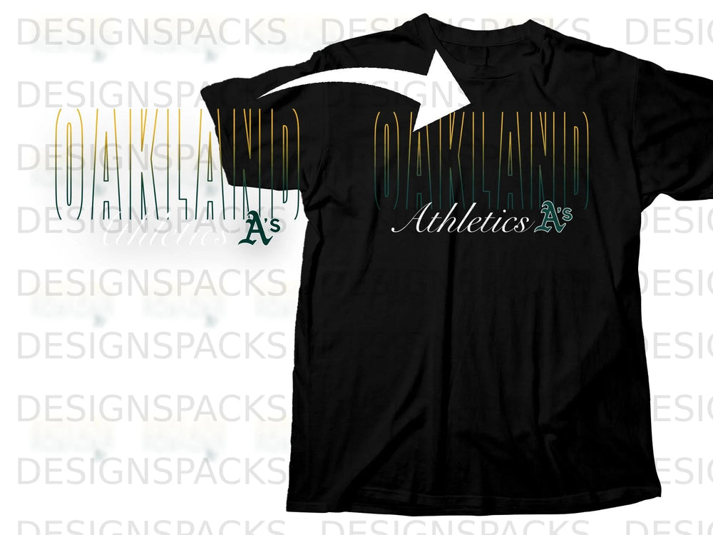 Black t-shirt with "Oakland Athletics A's" graphic in vertical green and yellow text.