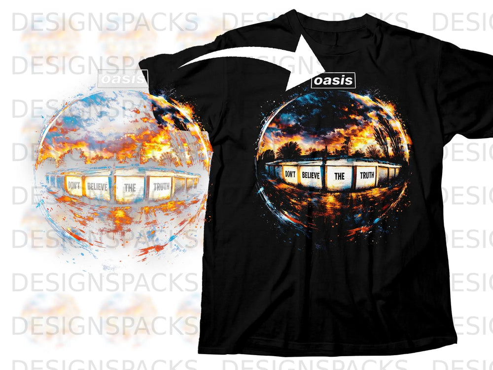 Black t-shirt featuring Oasis logo and album art "Don't Believe The Truth".