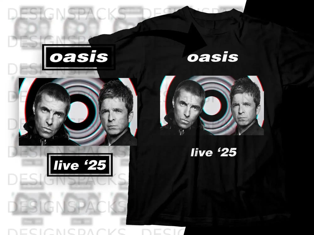 Oasis band members Liam Gallagher and Noel Gallagher on a black t-shirt.