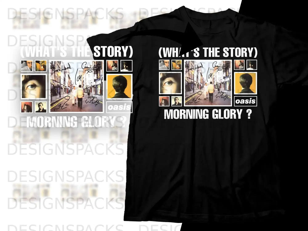 Oasis (What's the Story) Morning Glory? album cover art on a black t-shirt.