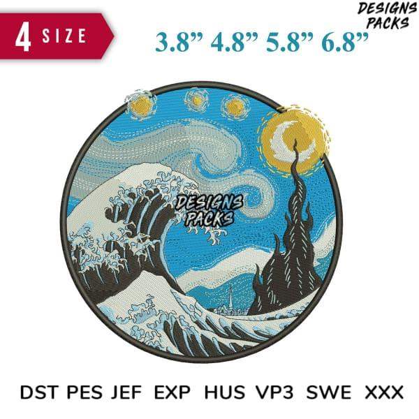 Nena embroidery design with 4 sizes, print-ready PES DST formats, wave background, instant download