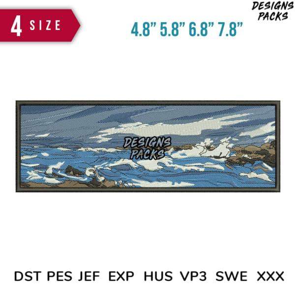 Ocean wave embroidery design in 4 sizes, compatible with DST PES JEF formats for instant download