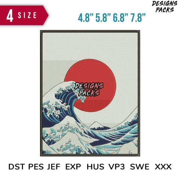 Great Wave design embroidery pattern with red sun, available in multiple sizes and formats