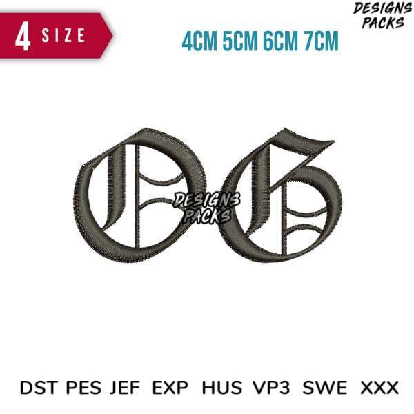 Embroidery design with monogram letters in 4 sizes, compatible with DST PES JEF formats for instant download