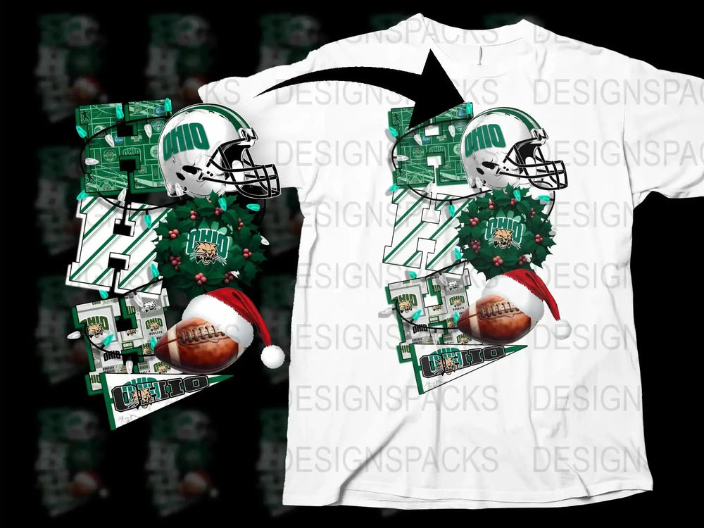 Ohio Football Christmas T-Shirt, Holiday Sports Tee, Festive Santa Hat Helmet Design, Unisex Adult Fashion