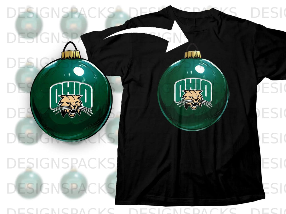 Green Ohio Bobcats Christmas ornament on black t-shirt design.