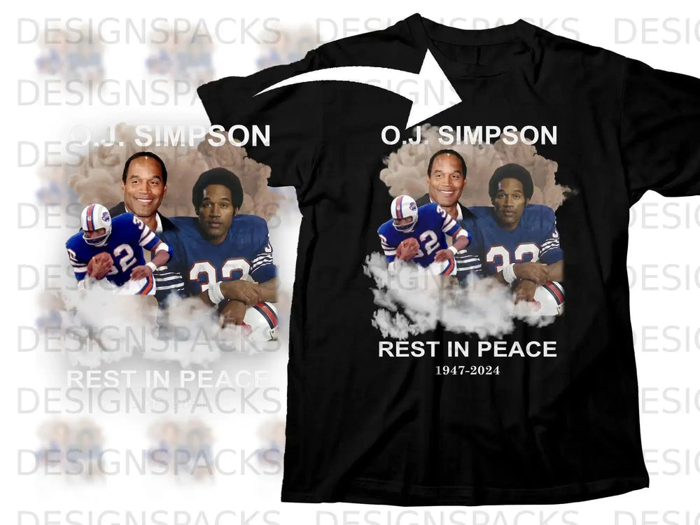 O.J. Simpson t-shirt with his portrait and "Rest in Peace 1947-2024".