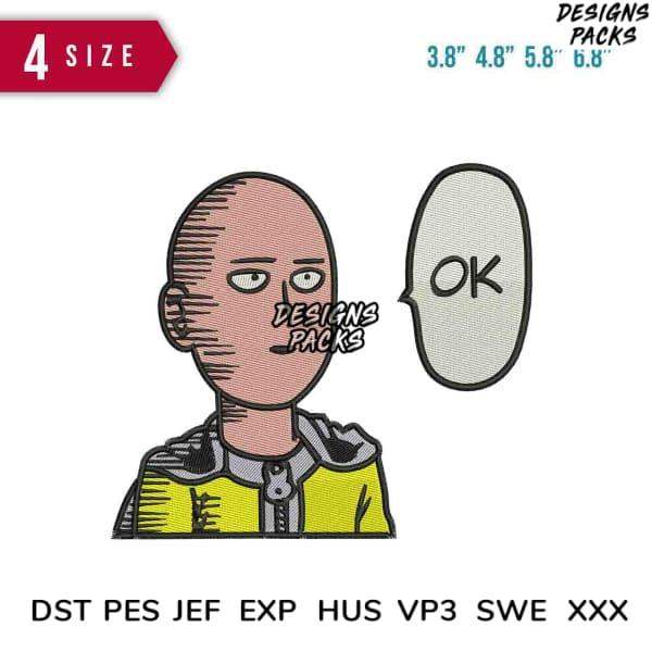 Saitama embroidery design with 'OK' speech bubble, available in 4 sizes & multiple formats