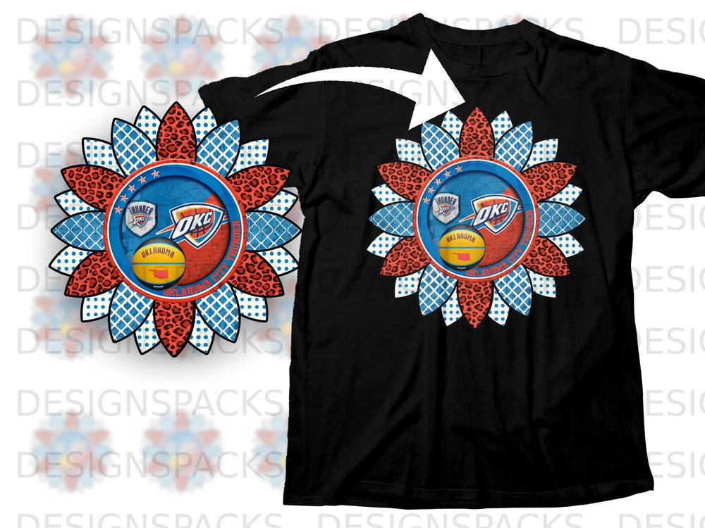 Black t-shirt with a sunflower design featuring Oklahoma City Thunder logo and colors.