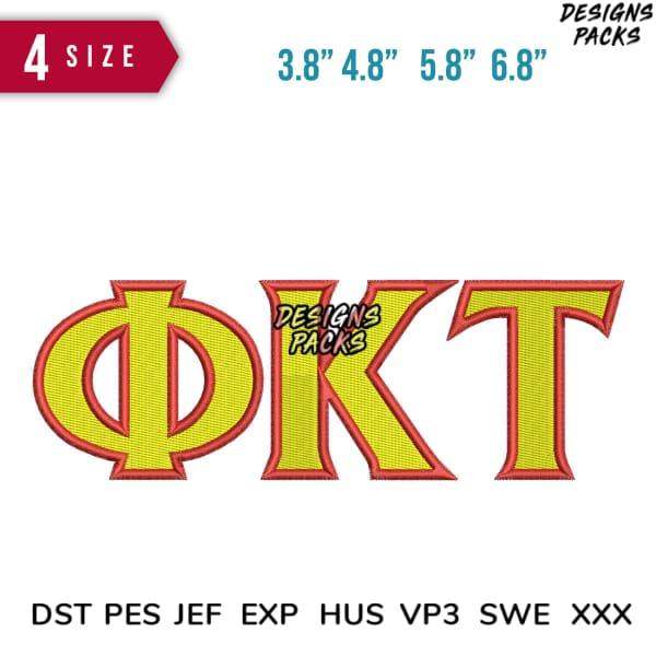 ΦΚΤ Greek letters embroidery design in yellow with red outline, available in 4 sizes and multiple file formats