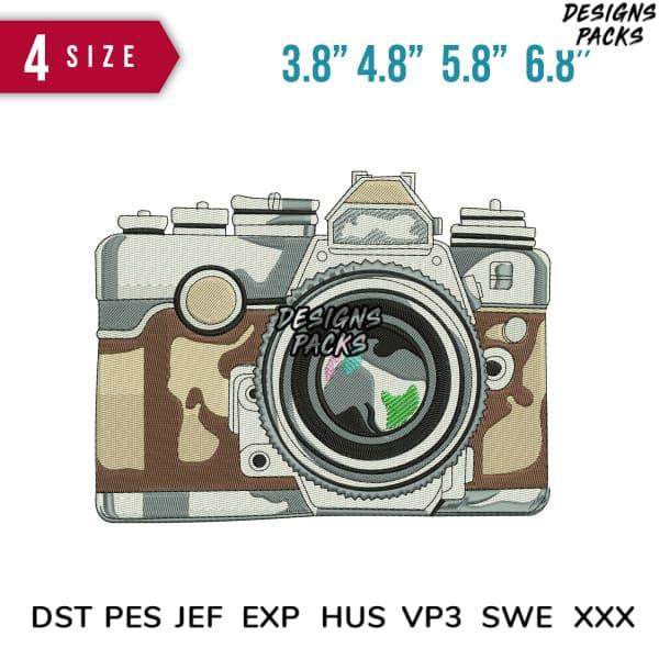 Embroidery design of a vintage camera with camouflage pattern, available in multiple sizes and formats.