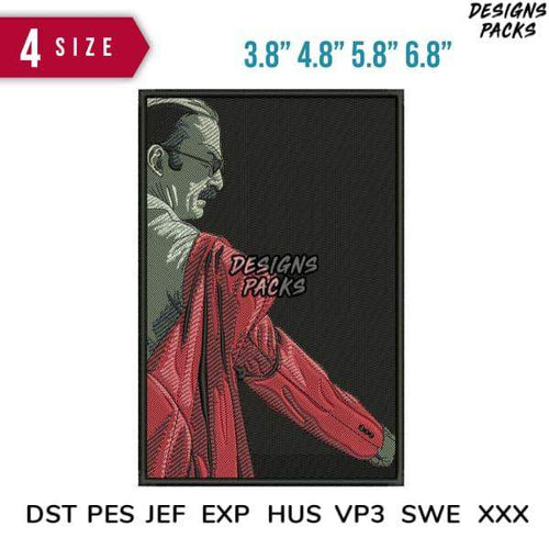 Embroidery design of man in red jacket, available in 4 sizes & formats like DST PES for instant download