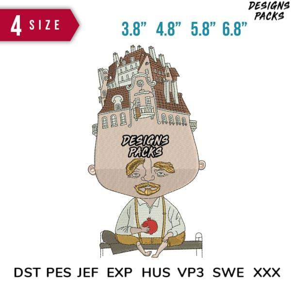 Embroidery design of a man with a house on his head, available in multiple sizes and formats.