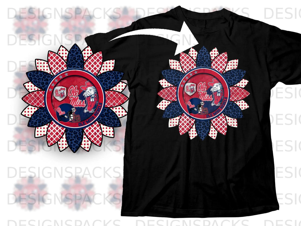 Sunflower graphic with Ole Miss Rebels logos on a black t-shirt.