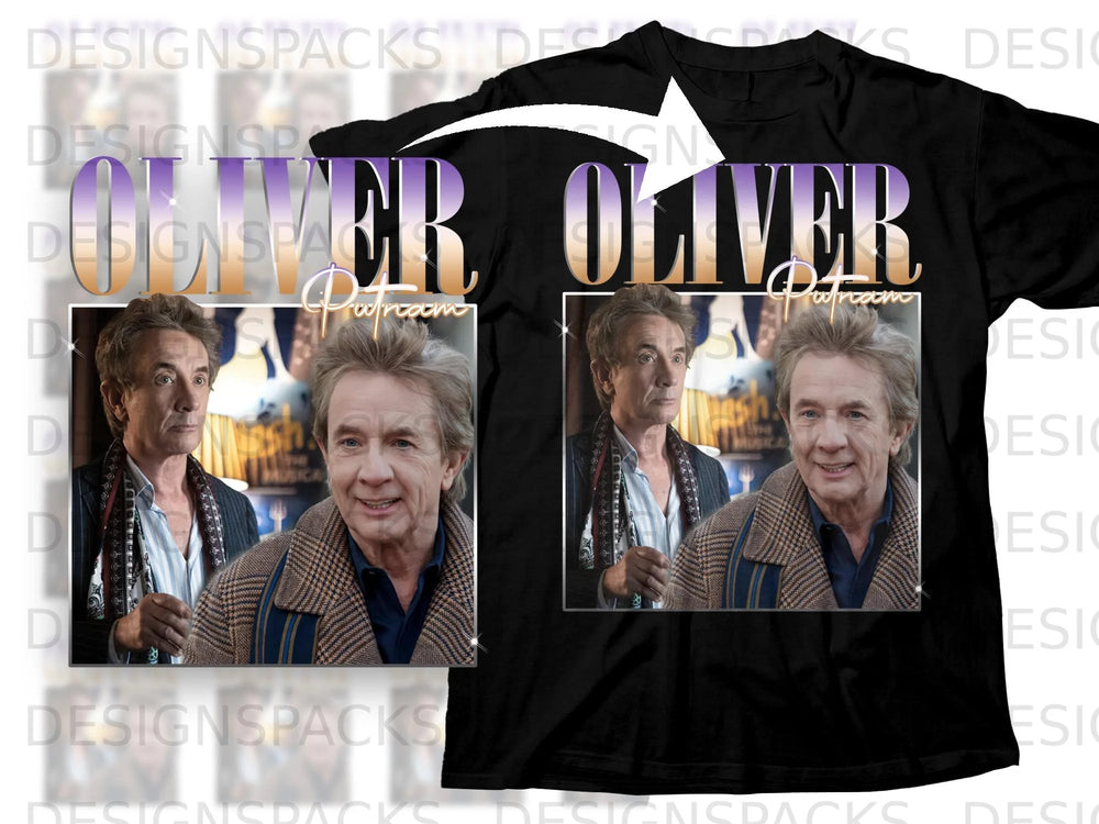 Black t-shirt with "OLIVER Putnam" text and two portraits of Martin Short.