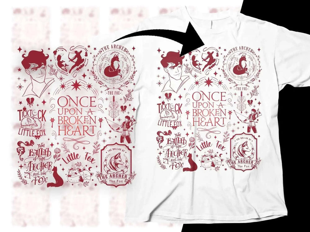 White t-shirt with red 'Once Upon a Broken Heart' design, featuring archer, fox, and whimsical elements