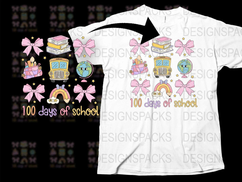 Kids 100 Days of School T-Shirt, Cute School Bus and Books Design, Pink Flowers, Celebration Tee for Children
