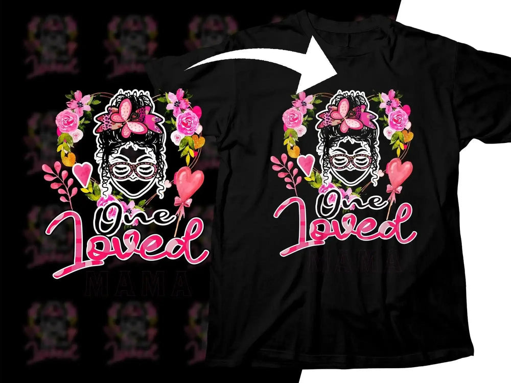 One Loved Mama floral design on black t-shirt with pink hearts and butterfly