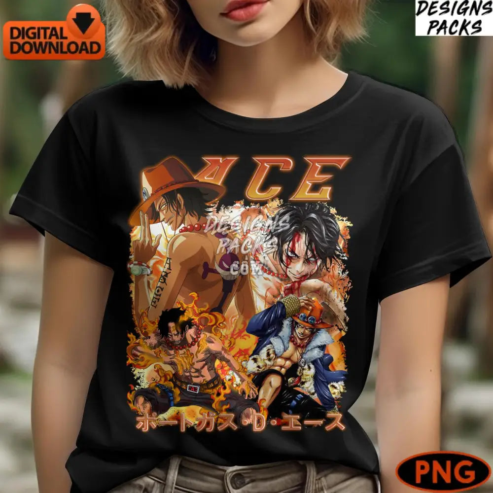 One Piece Anime Digital Art Ace Luffy And Teach Illustrated Instant Download Png