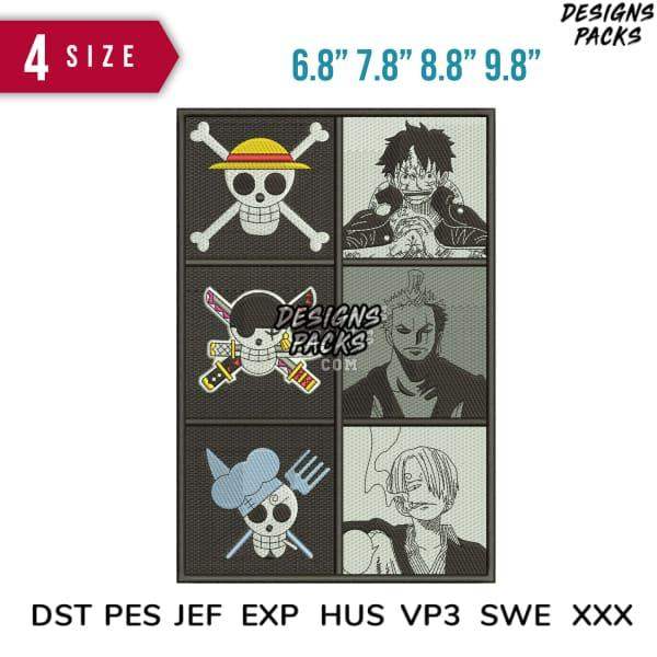 One Piece anime embroidery designs in 4 sizes, compatible with DST PES JEF formats for instant download.