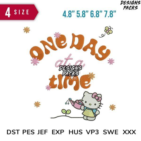 Hello Kitty embroidery design with 'One Day at a Time' text, floral accents, 4 sizes, DST PES formats