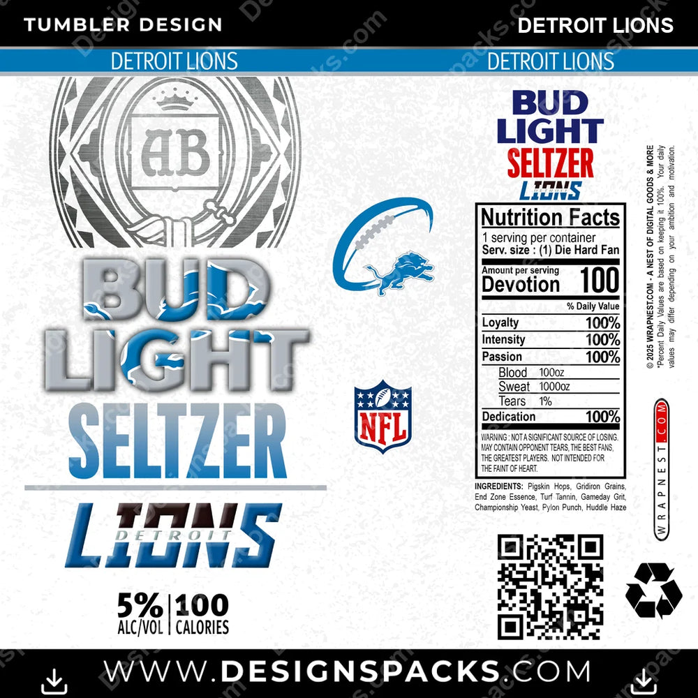 Football Bud Light Seltzer Detroit Lions NFL Football Tumbler Digital Wrap Design Download