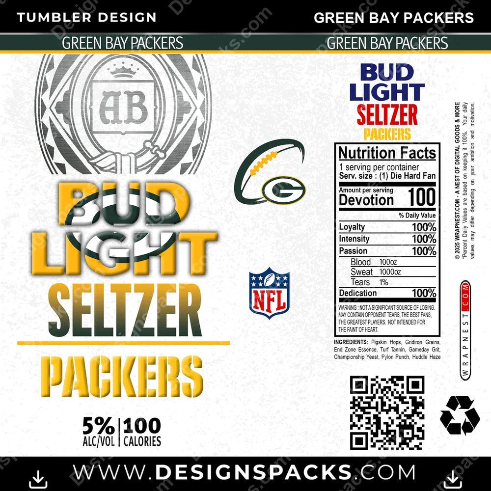 Football Bud Light Seltzer Green Bay Packers NFL Football Tumbler Digital Wrap Design Download