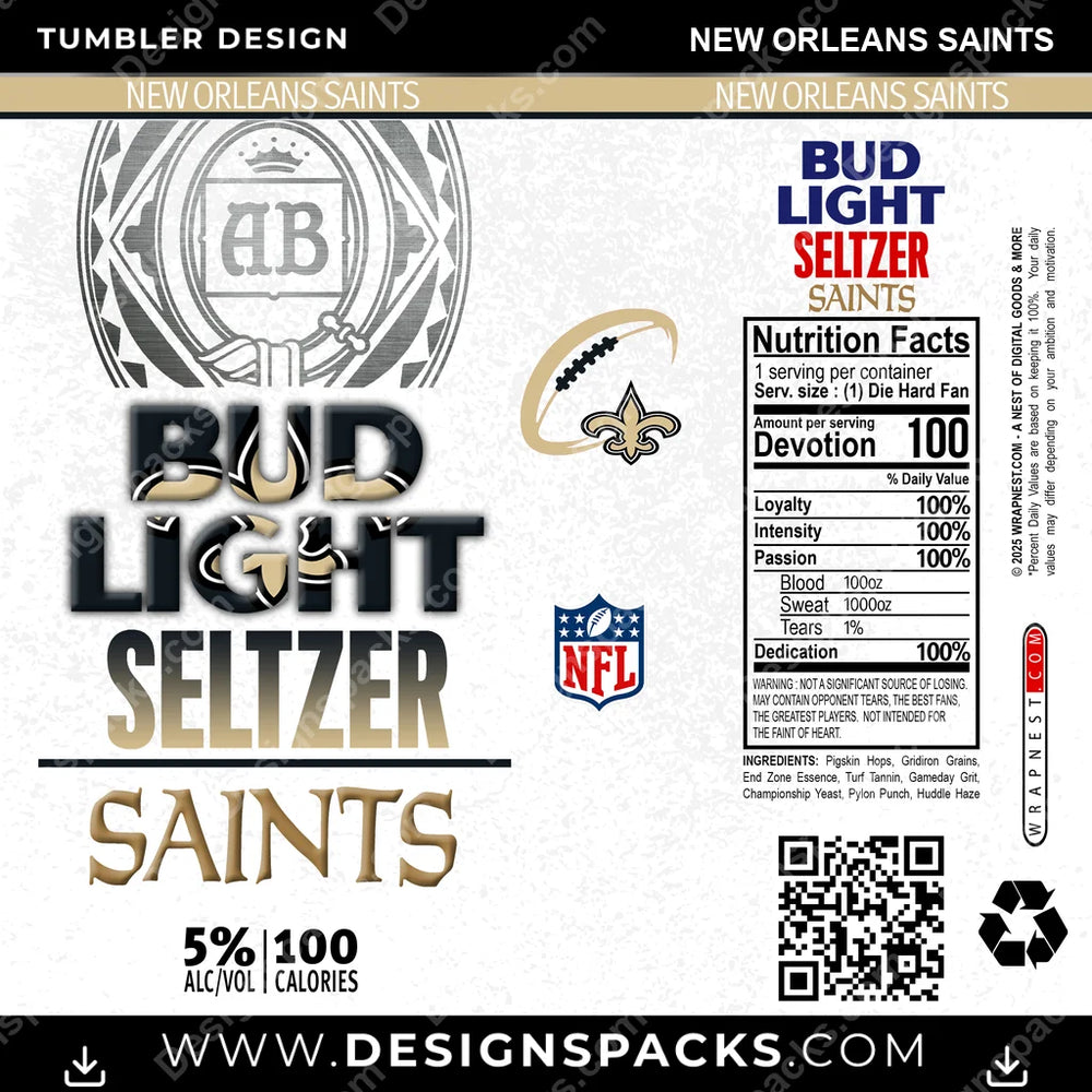 Football Bud Light Seltzer New Orleans Saints NFL Football Tumbler Digital Wrap Design Download