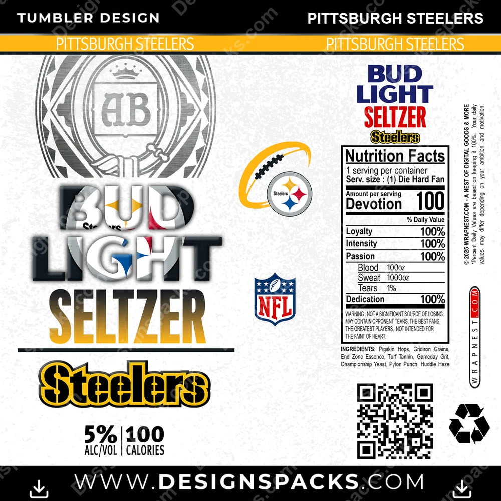 Football Bud Light Seltzer Pittsburgh Steelers NFL Football Tumbler Digital Wrap Design Download