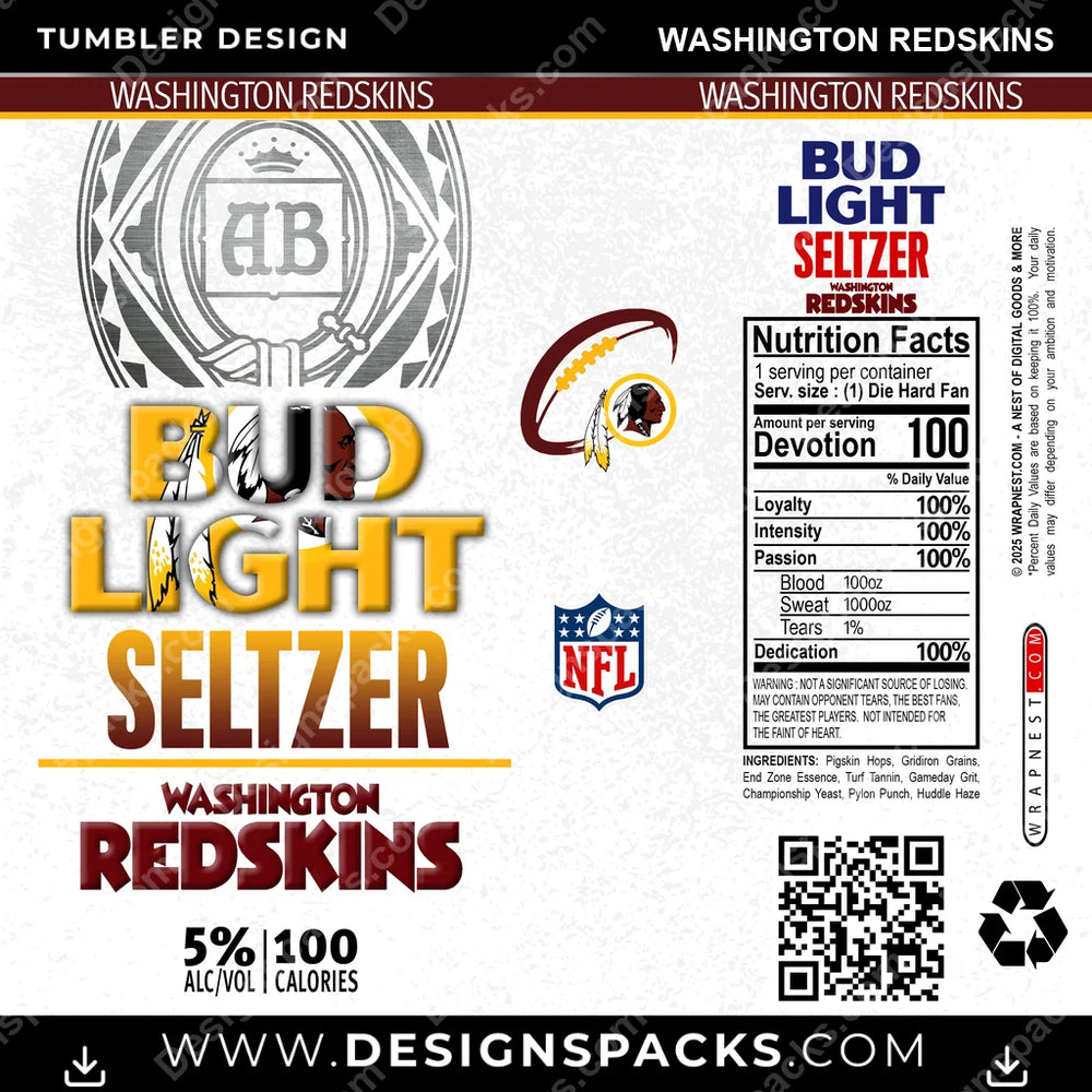 Football Bud Light Seltzer Washington Redskins NFL Football Tumbler Digital Wrap Design Download