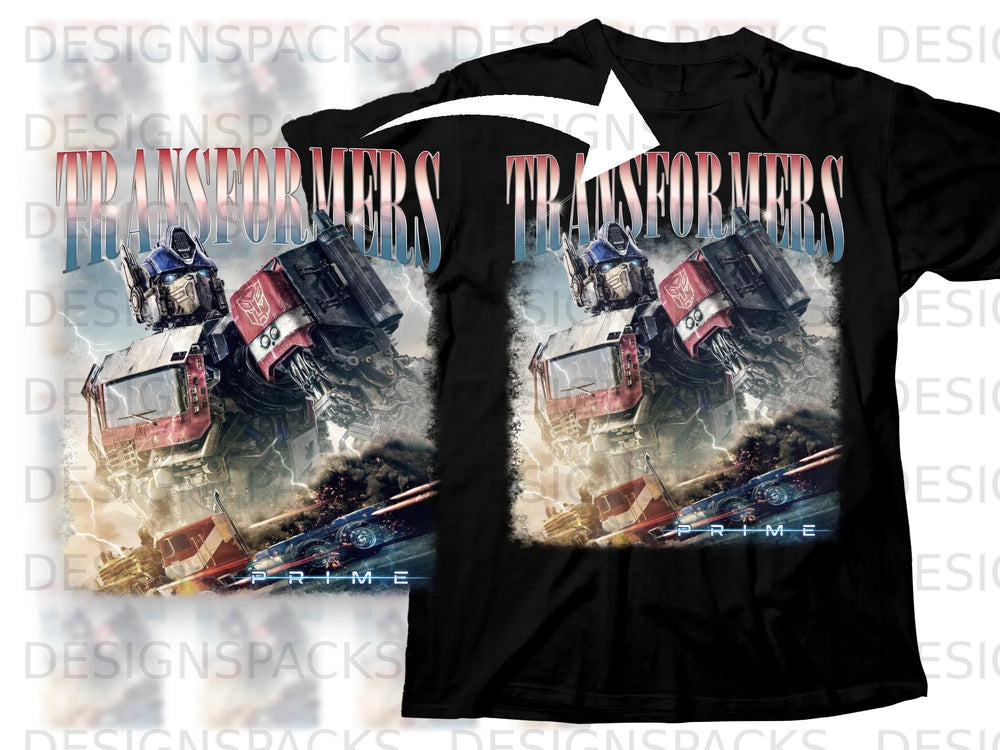 Optimus Prime and Transformers text on a black t-shirt with a stormy background.