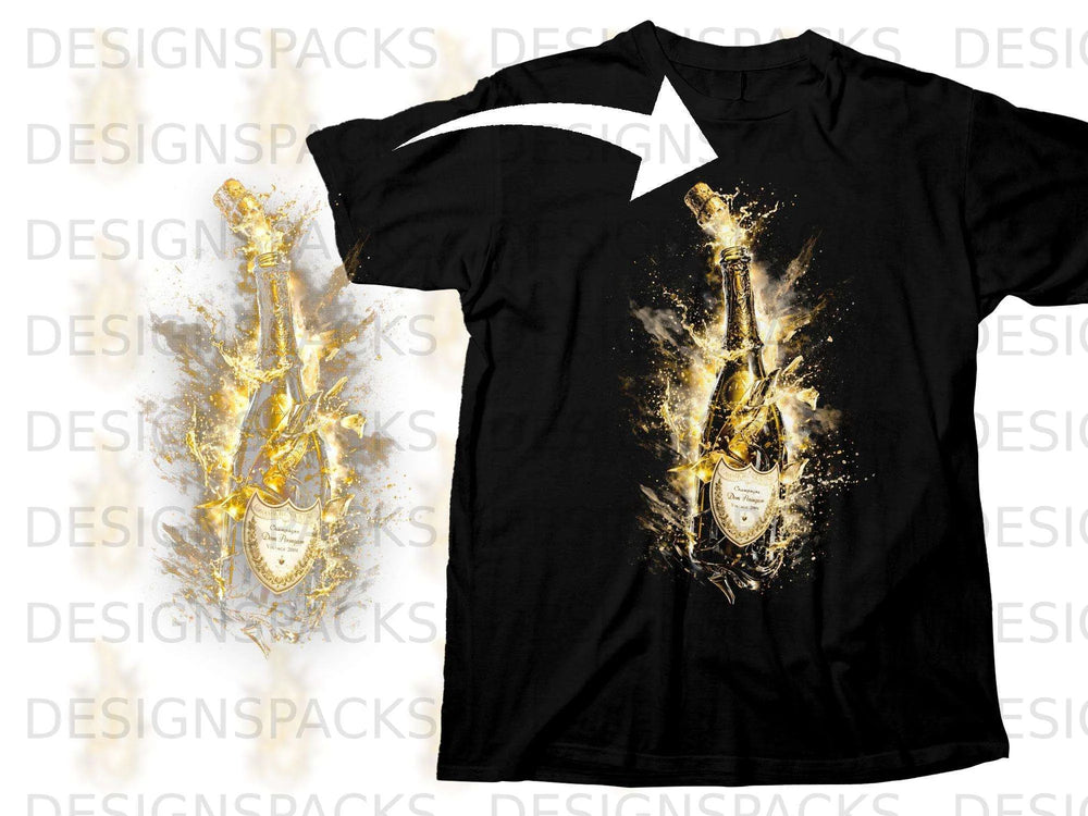 Black t-shirt with a gold champagne bottle exploding with glitter.